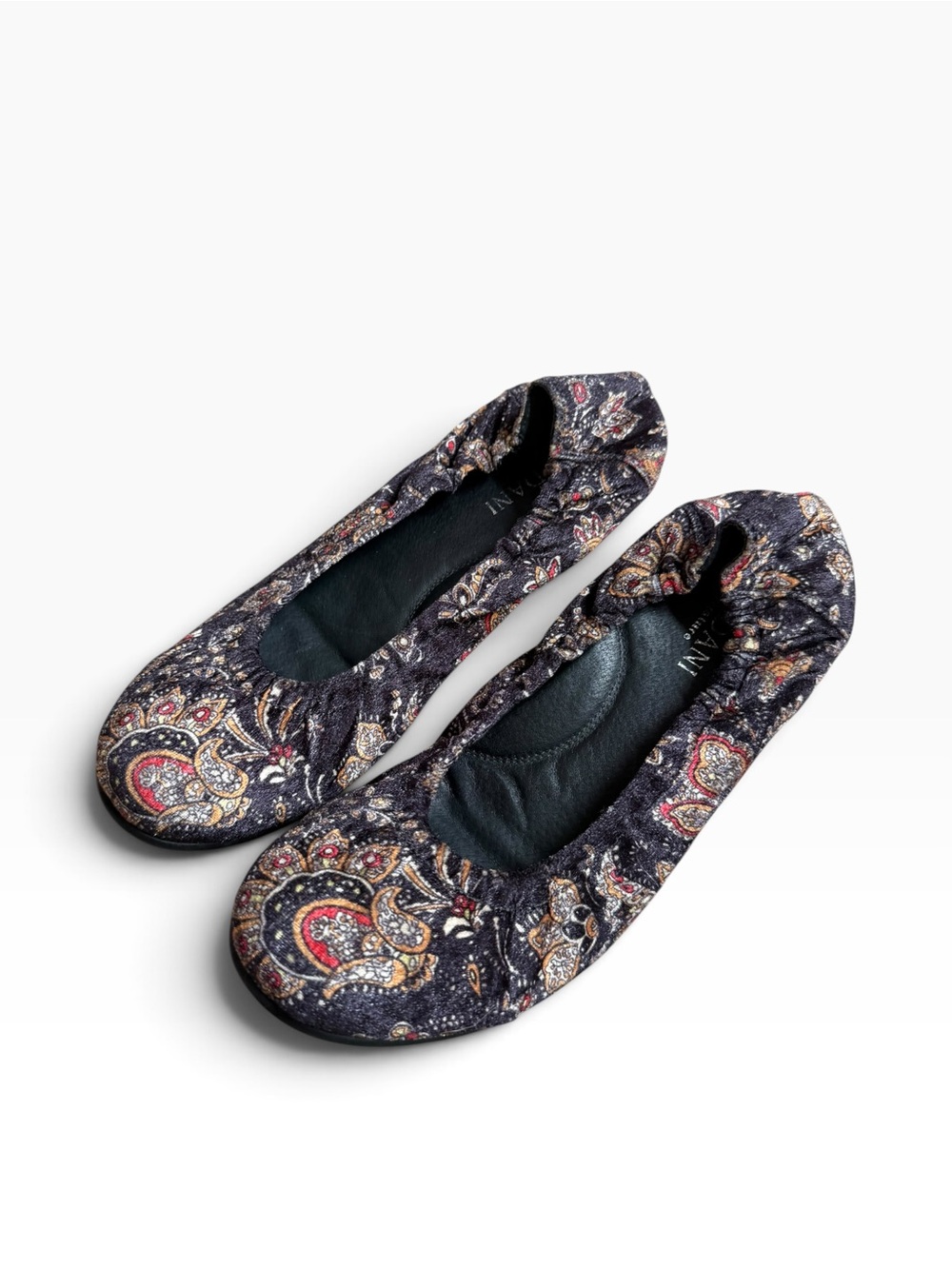 Cordani Printed Paisley Velvet Ballet Flats Black/Multi Bohemian Tapestry 39/8.5